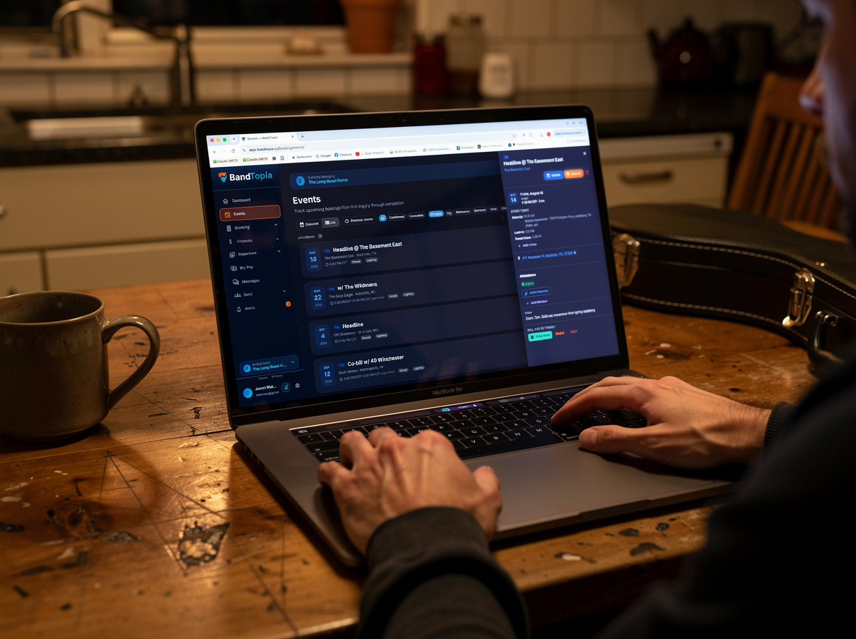 A laptop on a kitchen table shows BandTopia's Events list — upcoming shows with dates and venues — beside a coffee mug and a guitar case.