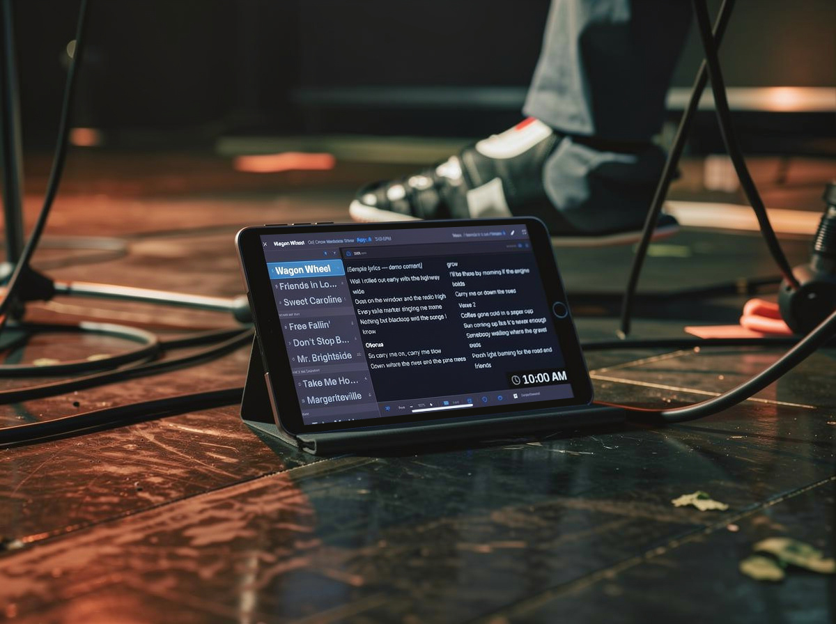 A tablet propped on a stage floor displays Show Mode: the setlist down one side, lyrics beside it, cables and a performer's foot in the background.