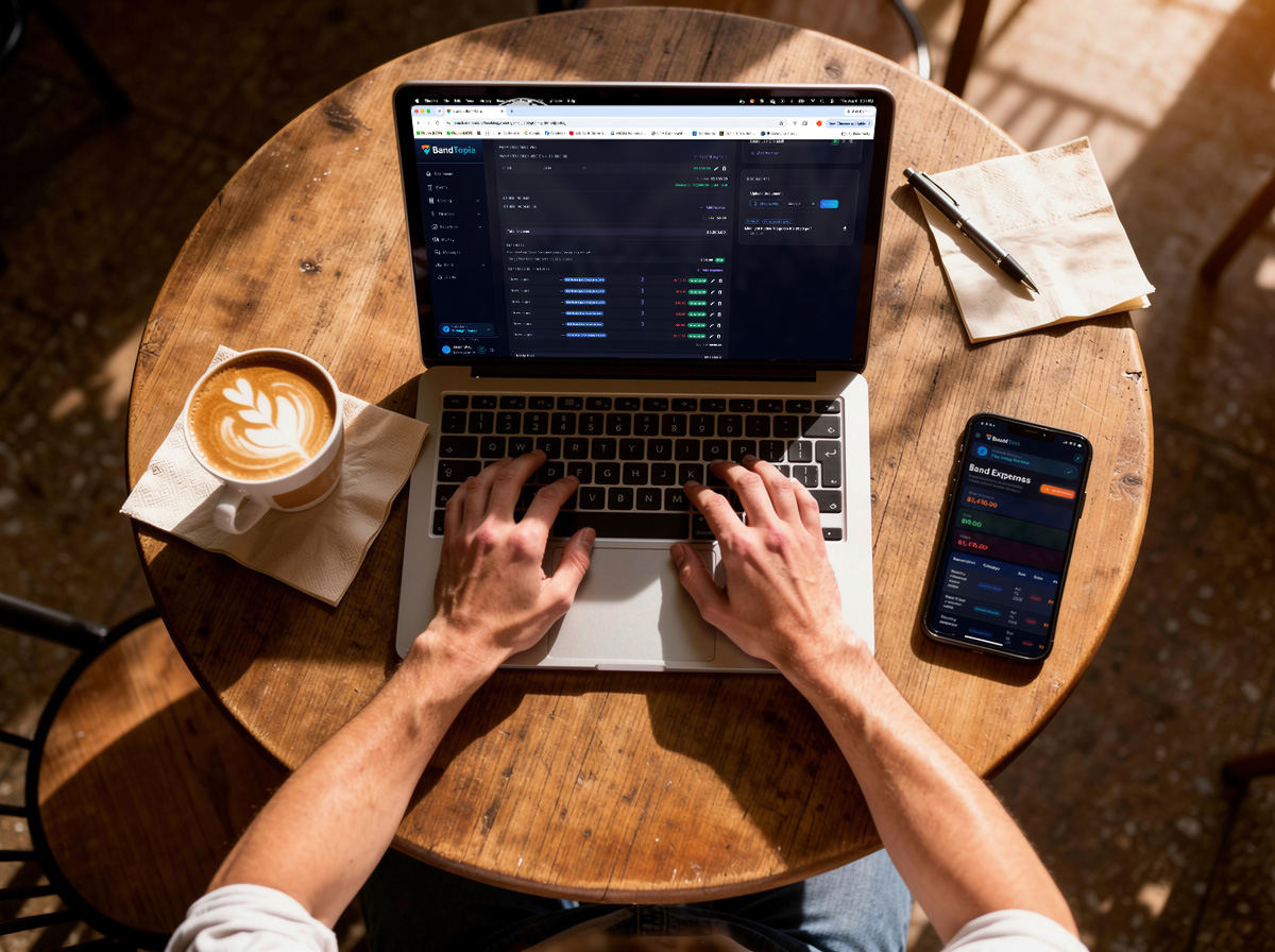 Overhead view of someone at a café table working on BandTopia's finances on a laptop, with band expenses open on a phone beside it.