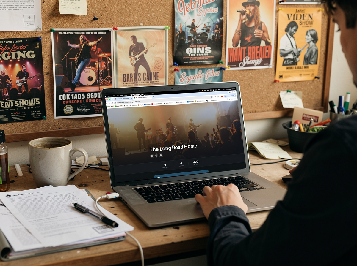 A laptop at a desk shows a band's public BandTopia press kit with a live photo and follower counts, under a corkboard of gig posters.