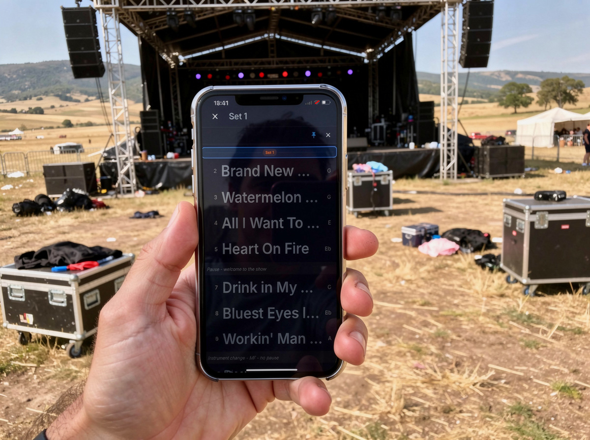 A hand holds a phone showing a setlist in Show Mode at an outdoor festival site, with an empty stage and road cases behind.